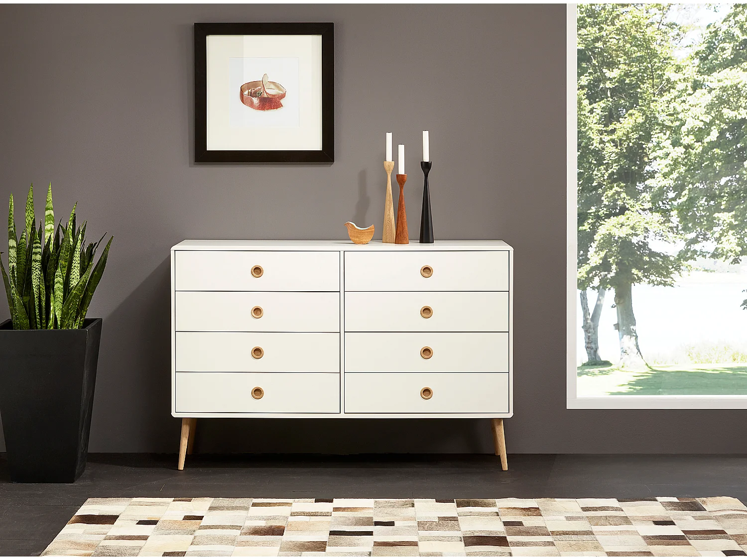 Softline | Commode avec 8 tiroirs en MDF blanc / chêne