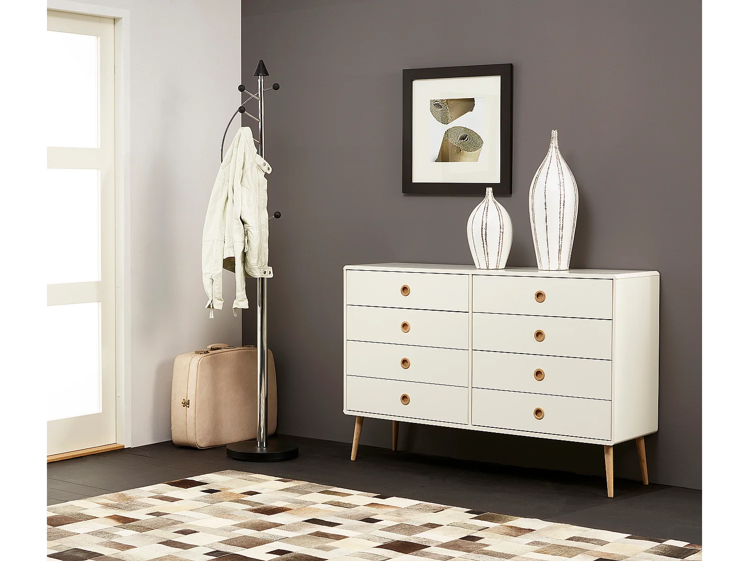 Softline | Commode avec 8 tiroirs en MDF blanc / chêne