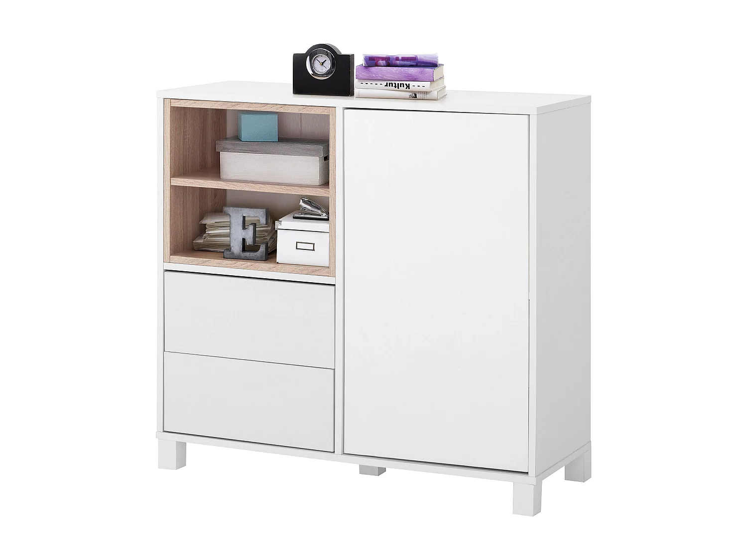 Paco | Commode avec 1 porte et 2 tiroirs en MDF blanc/chêne