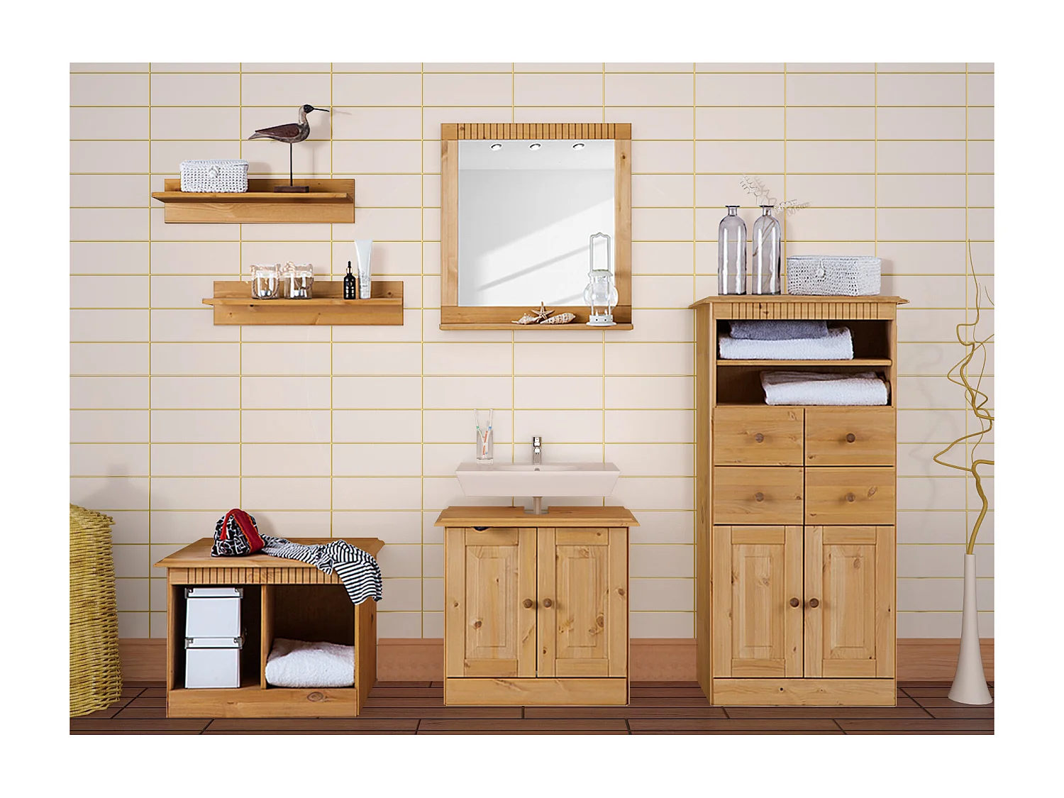 Cornelia | Armario de lavabo para baño con 2 puertas en pino