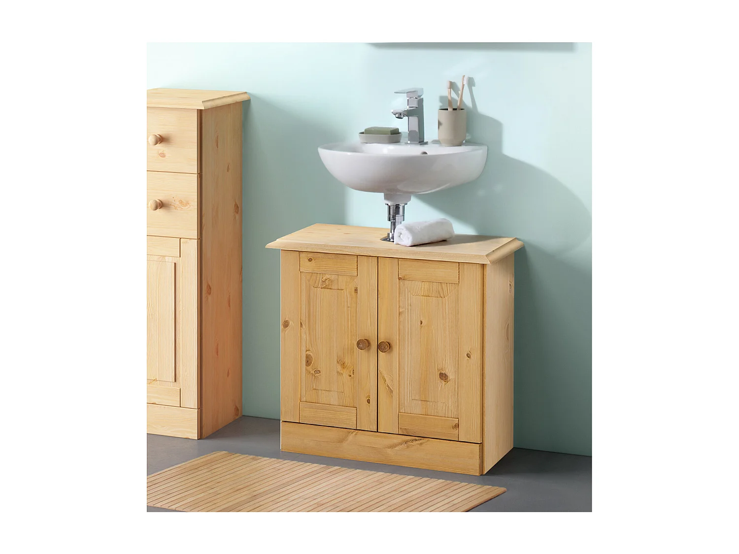 Cornelia | Armario de lavabo para baño con 2 puertas en pino