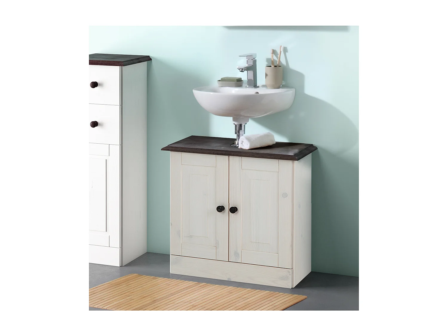 Cornelia | Meuble évier pour salle de bain avec 2 portes en pin