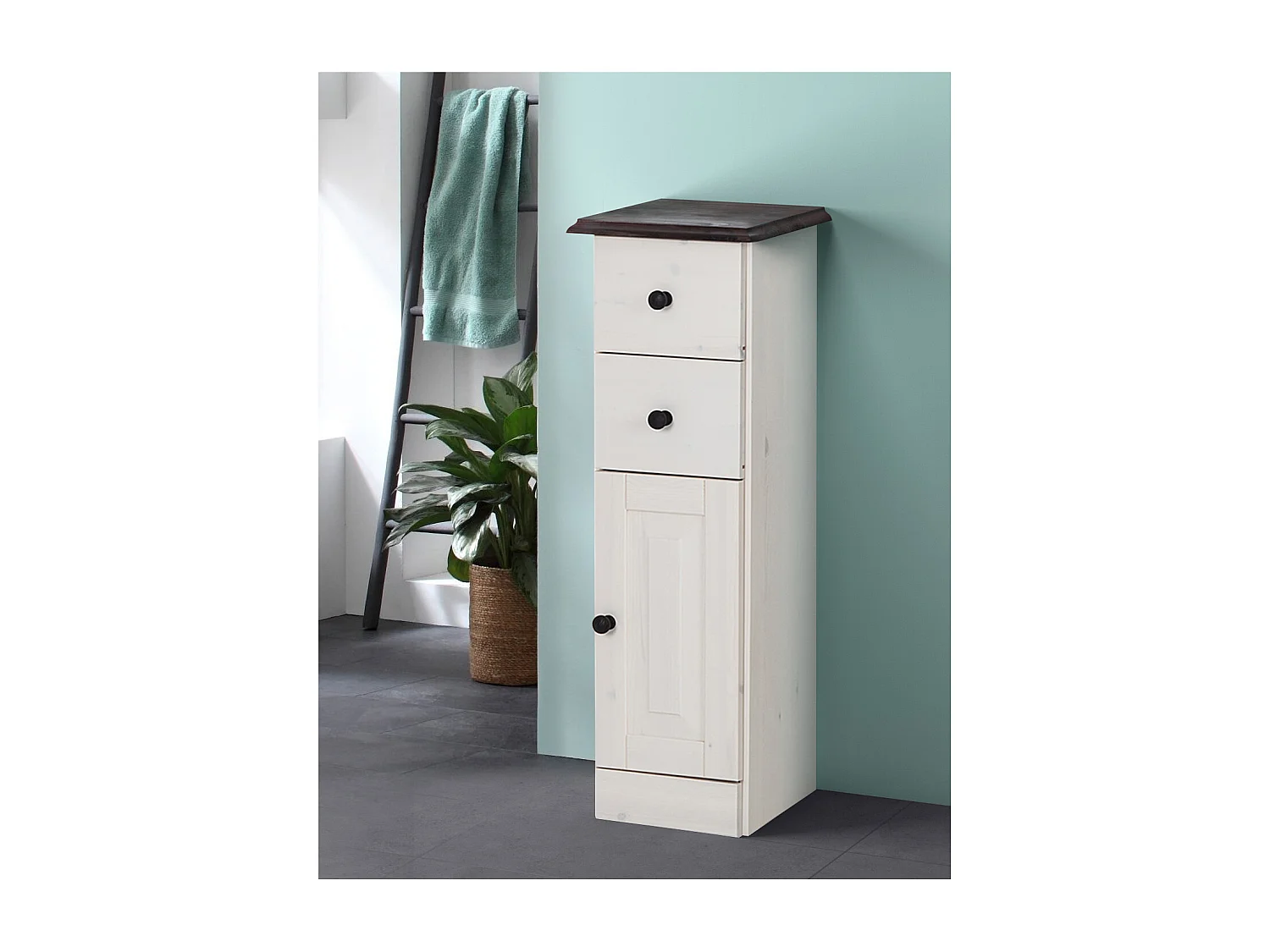 Cornelia | Armario Baño, 2 Cajones, 1 Puerta, Pino Lacado Blanco