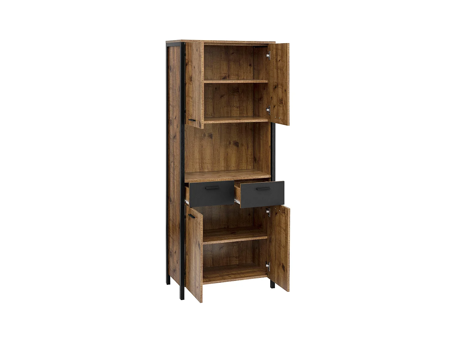 Werra | Hochschrank, 4 Türen, 2 Schubladen, Eiche/Metall, schwarz