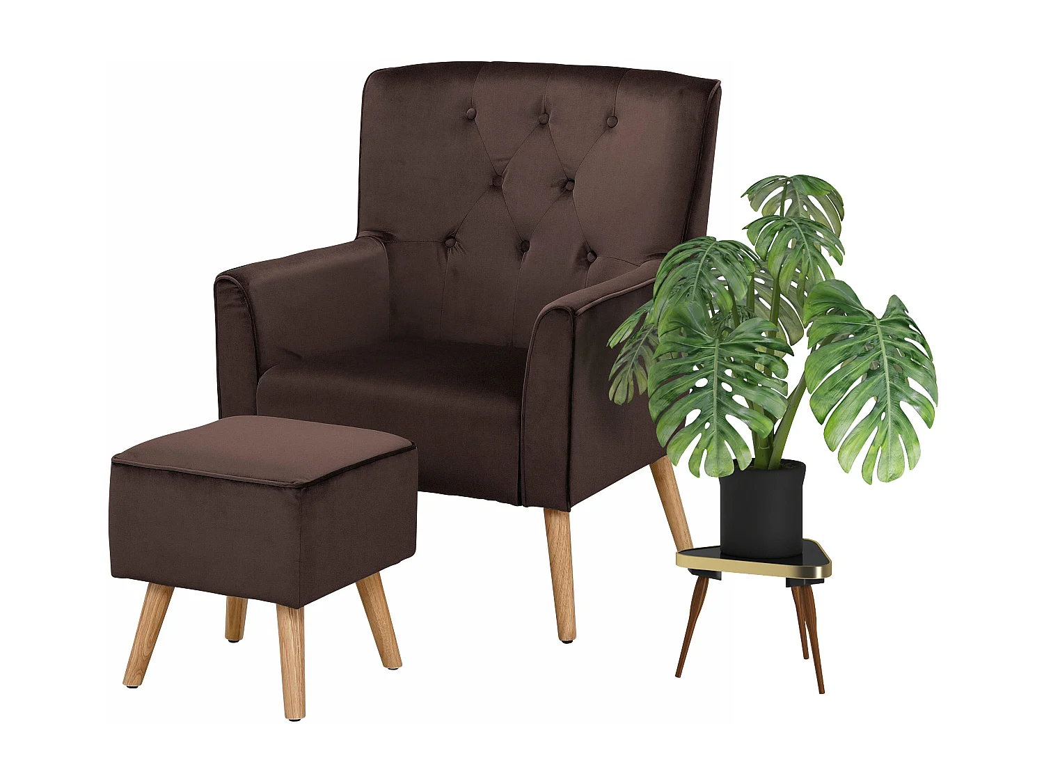 Michigan | Fauteuil avec tabouret en velours Marron