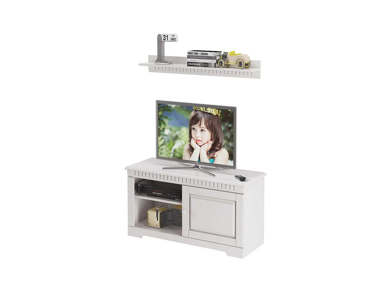 Cubrix | Meuble TV avec 1 porte et 1 étagère en pin blanc
