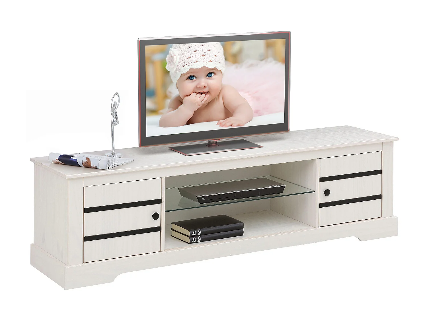 Loki | Mobile basso con 2 ante e 1 ripiano in vetro in pino bianco