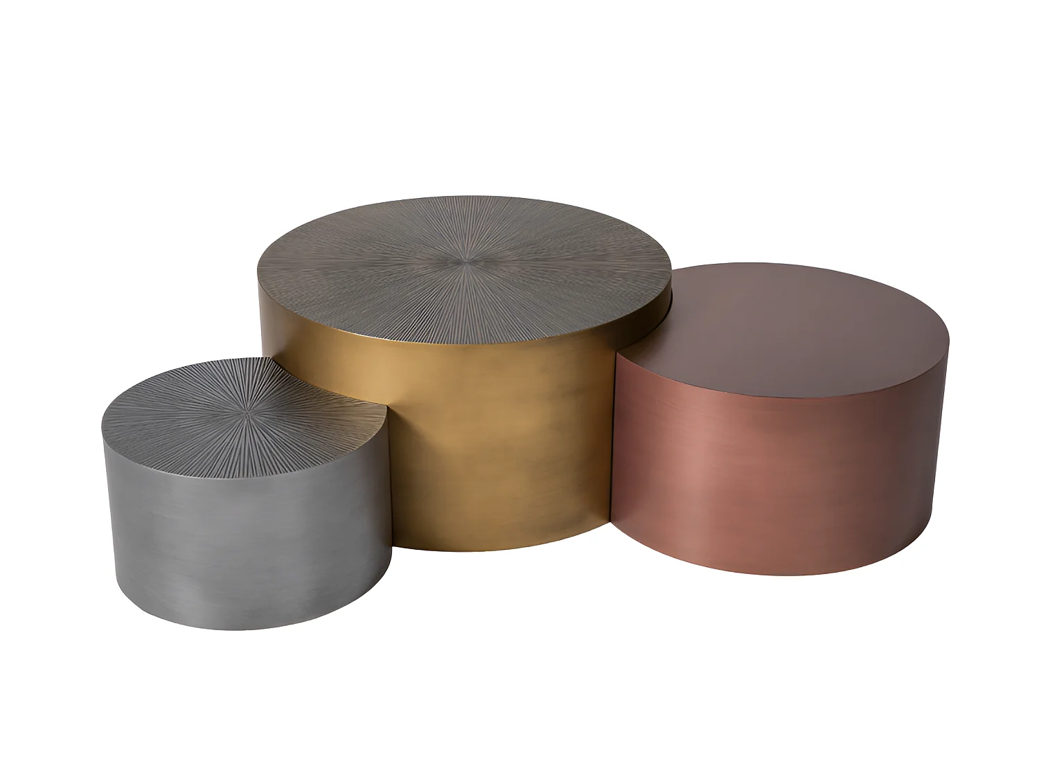 Ensemble de trois tables basses/MDF/rondes/dorées, gris bronze