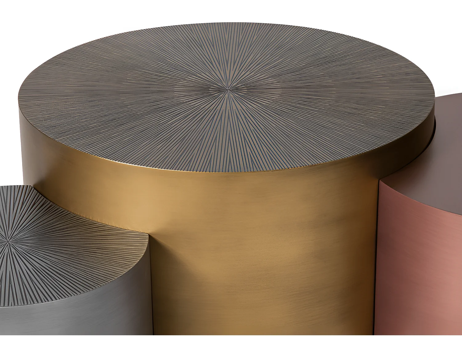 Ensemble de trois tables basses/MDF/rondes/dorées, gris bronze