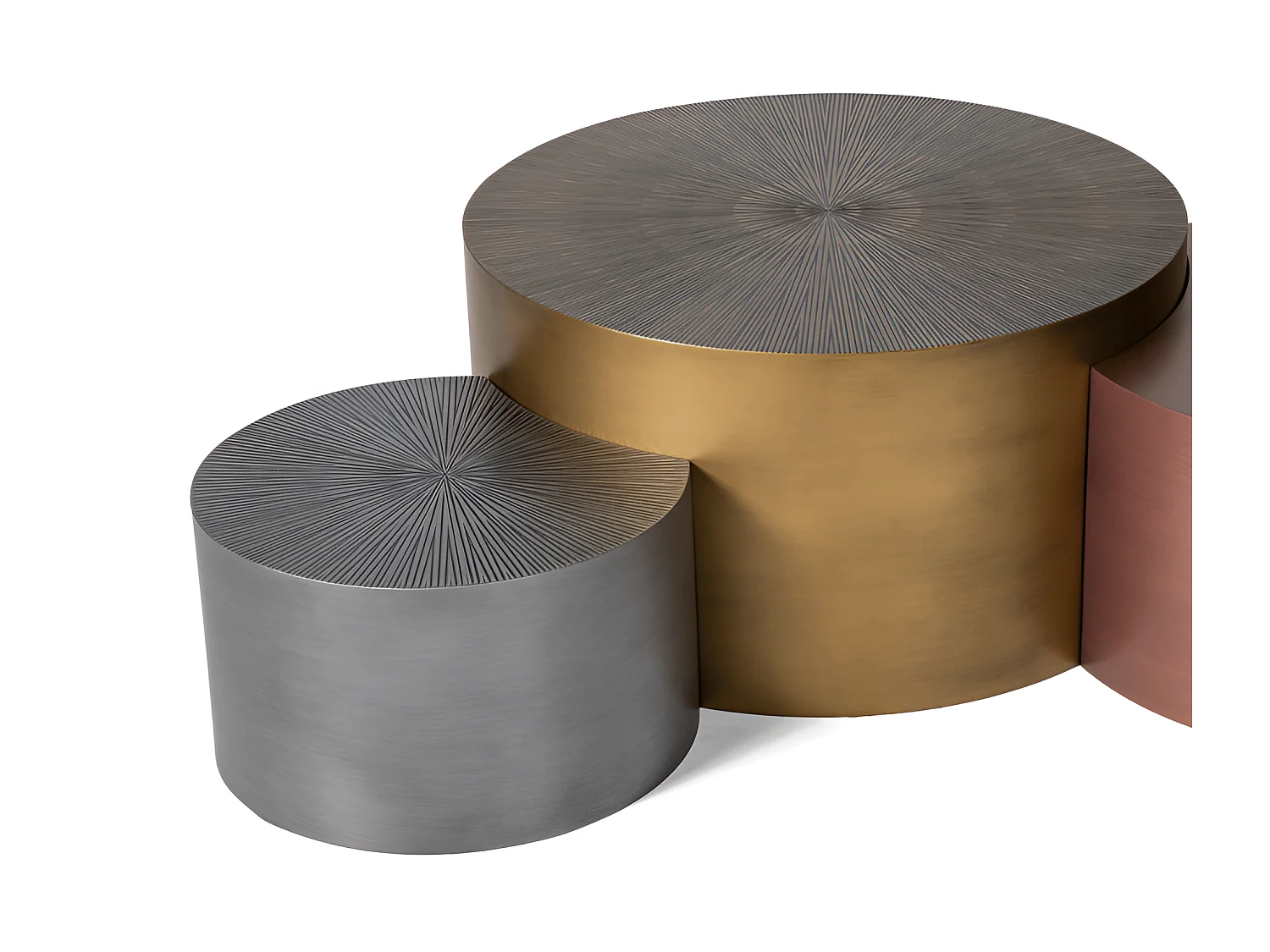 Ensemble de trois tables basses/MDF/rondes/dorées, gris bronze