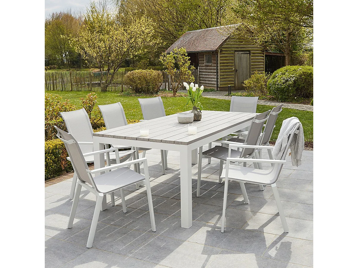 Table de jardin en aluminium blanc et gris 8 places