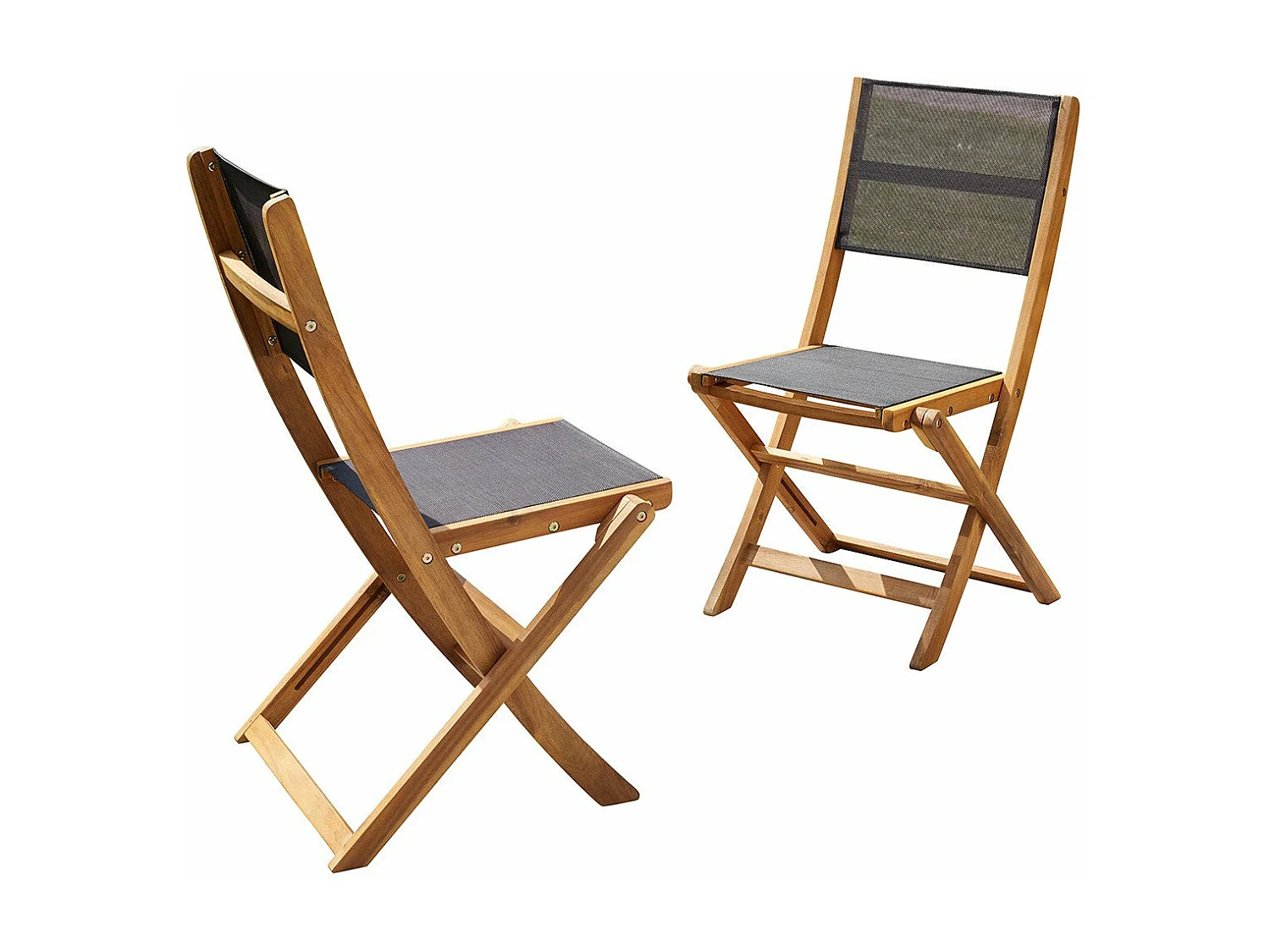 Lot de 2 chaises de jardin en acacia massif et textilène noir pliante