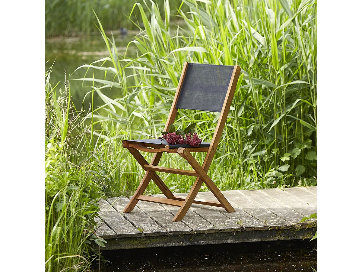 Lot de 2 chaises de jardin en acacia massif et textilène noir pliante