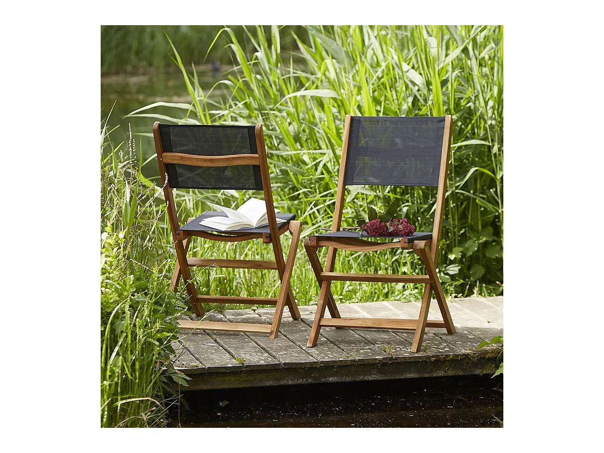 Lot de 2 chaises de jardin en acacia massif et textilène noir pliante