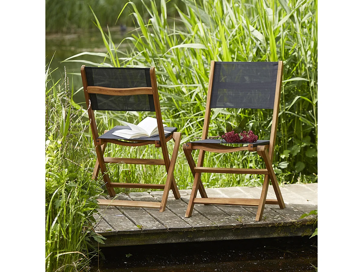 Lot de 2 chaises de jardin en acacia massif et textilène noir pliante