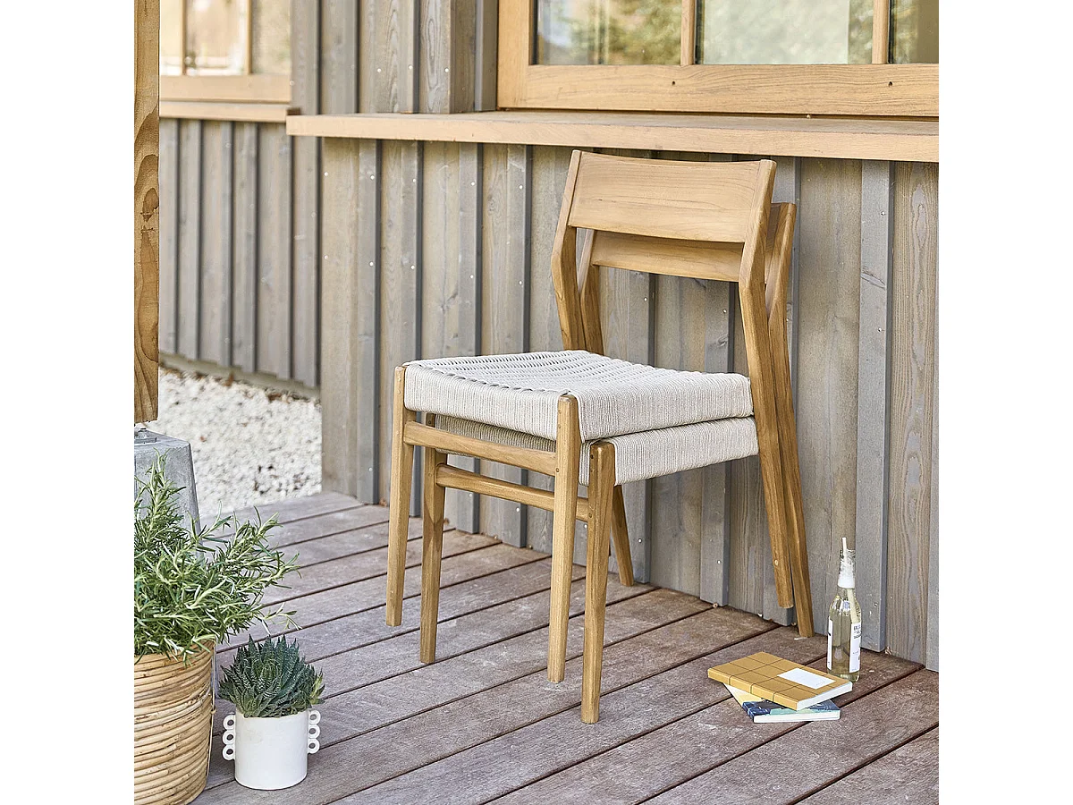 Silla de jardín de madera de teca maciza y cuerda beige (juego de 2)
