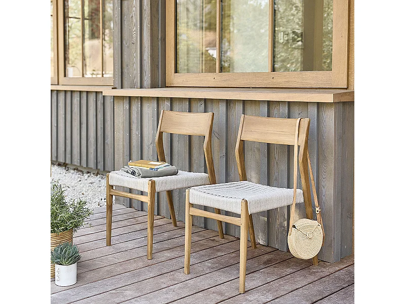 Lot de 2 chaises de jardin en teck massif et cordage