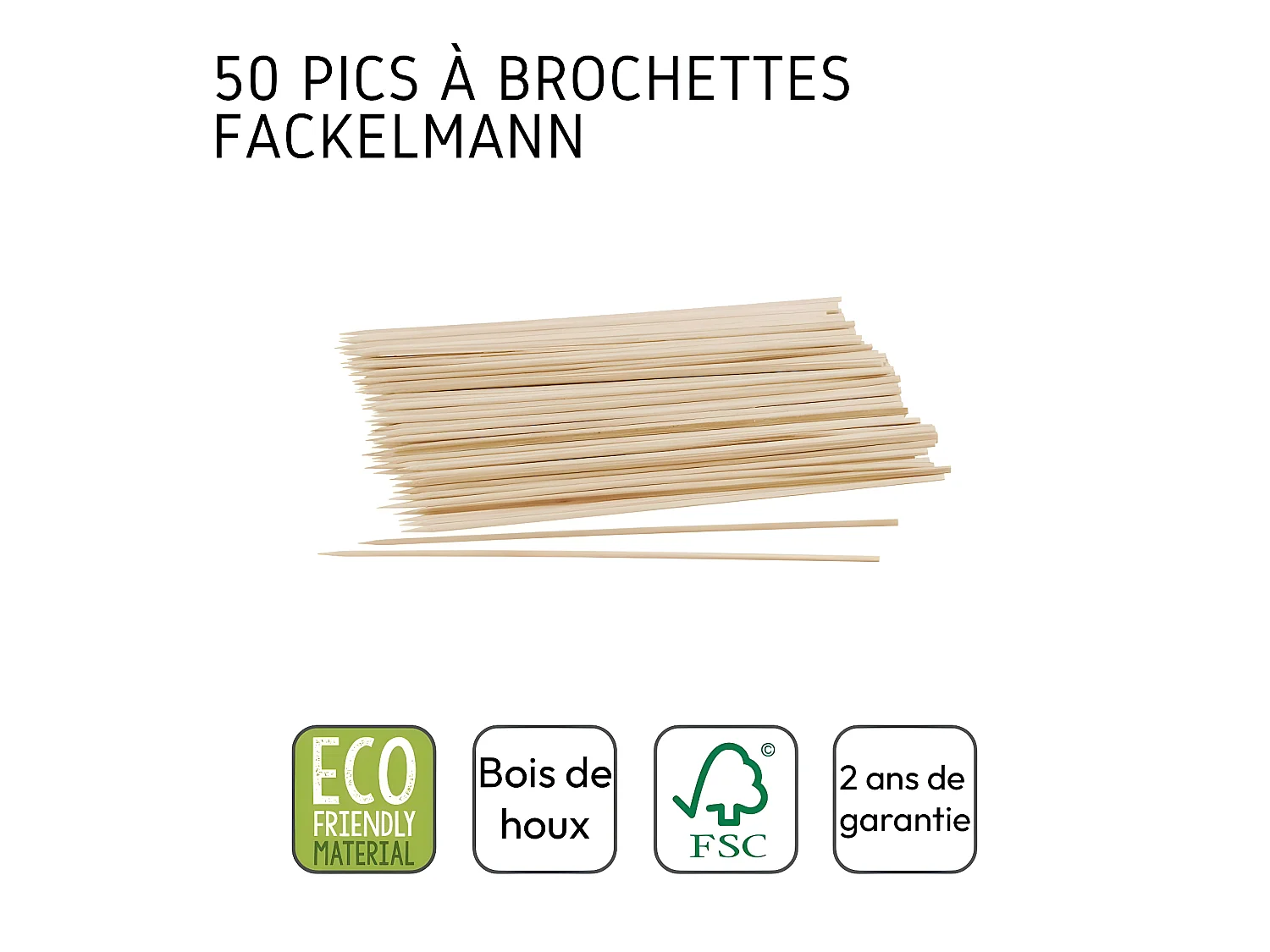 Lot de 50 piques en bois pour brochettes de 25 cm Fackelmann Nature