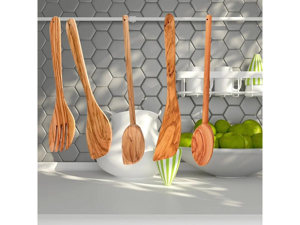 Ensemble de couverts à salade, cuillères et spatule Fackelmann Édition Bois d'olivier