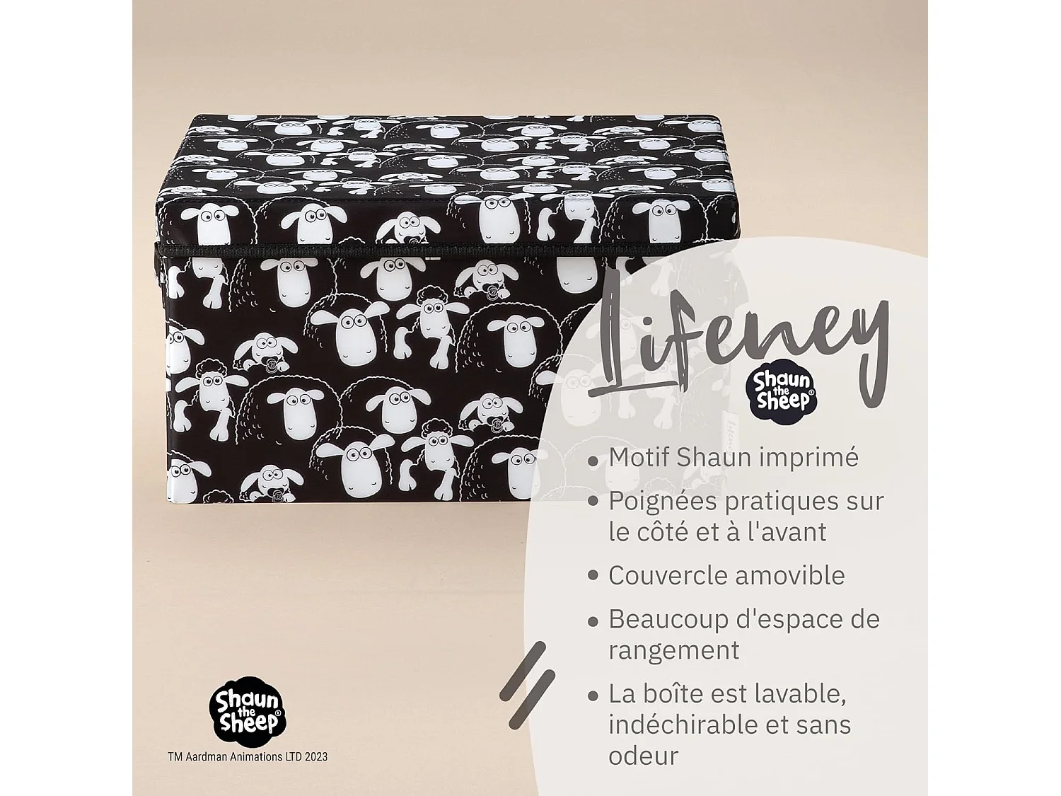 Boîte de rangement avec couvercle fond noir Lifeney Shaun le mouton