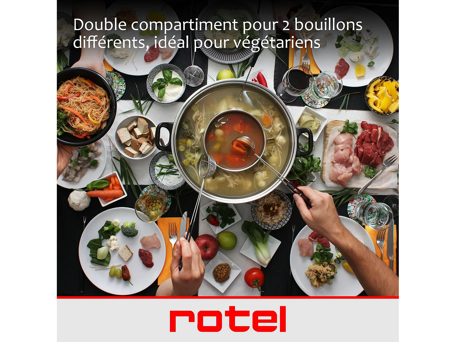 Appareil à fondue chinoise 2 compartiments avec fourchettes et passoires Rotel