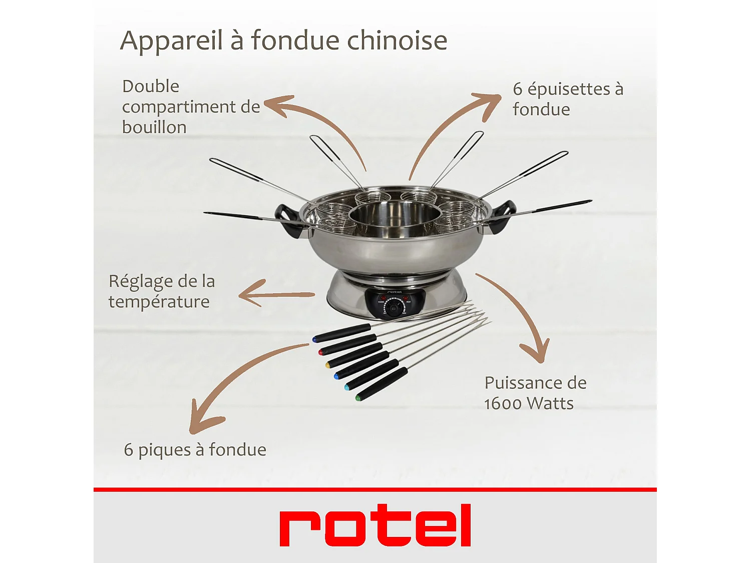 Appareil à fondue chinoise 2 compartiments avec fourchettes et passoires Rotel