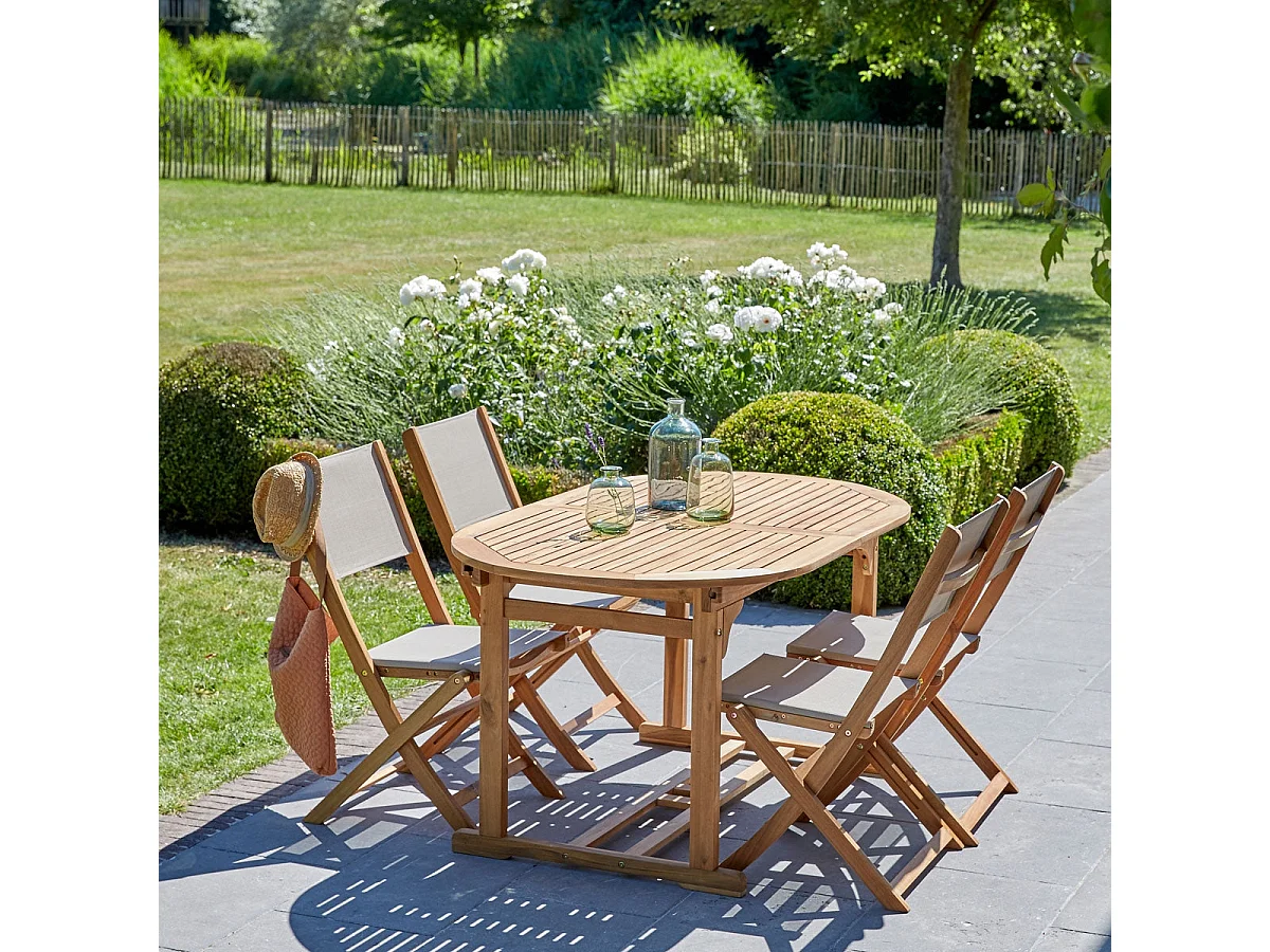 Set da esterno in massello di acacia e textilene grigio per 4 persone