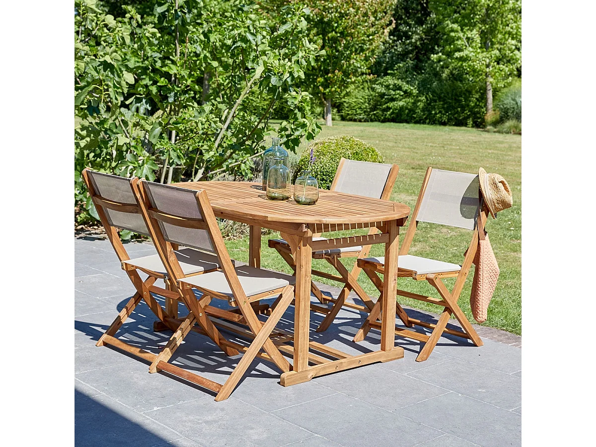 Set da esterno in massello di acacia e textilene grigio per 4 persone