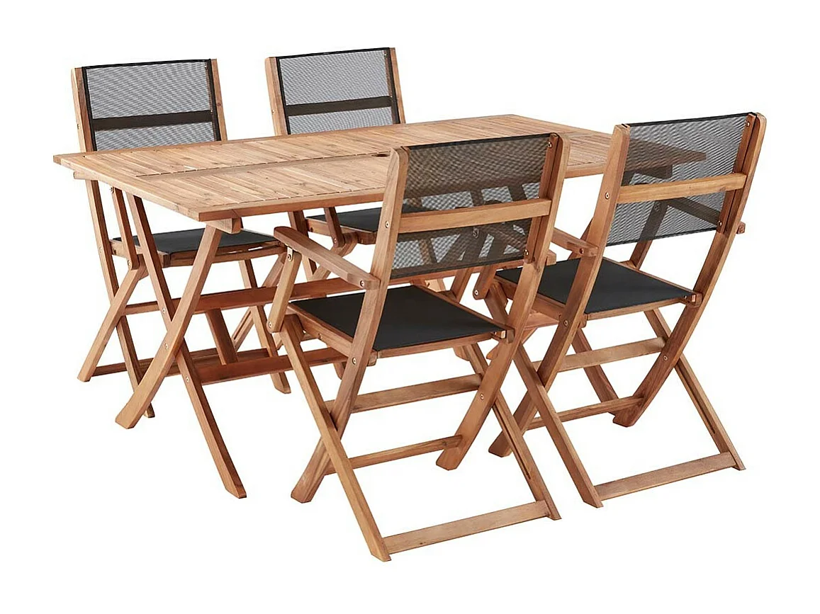 Set da esterno in massello di acacia e textilene nero per 4 persone