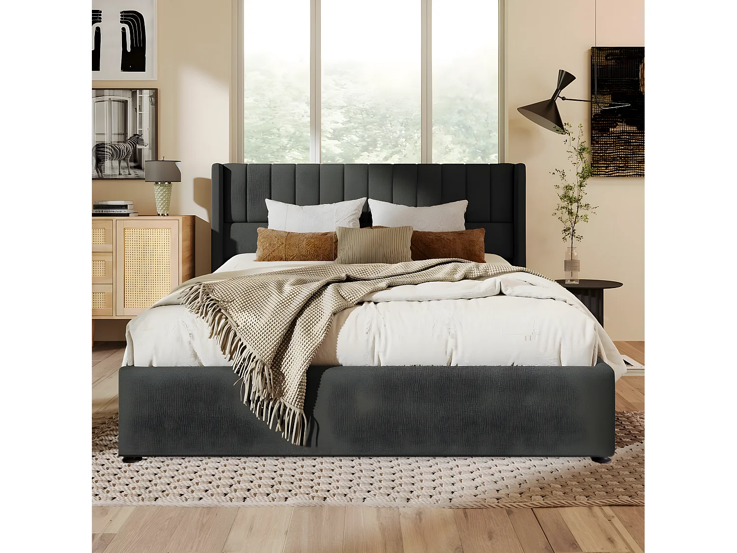 Cama acolchoada para adulto 180 x 1256 cm, sem cabeceira, com faixa LED (monocromática), base com suspensão hidráulica, bege.