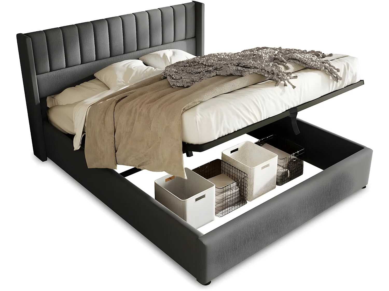 Cama acolchoada para adulto 180 x 1256 cm, sem cabeceira, com faixa LED (monocromática), base com suspensão hidráulica, bege.