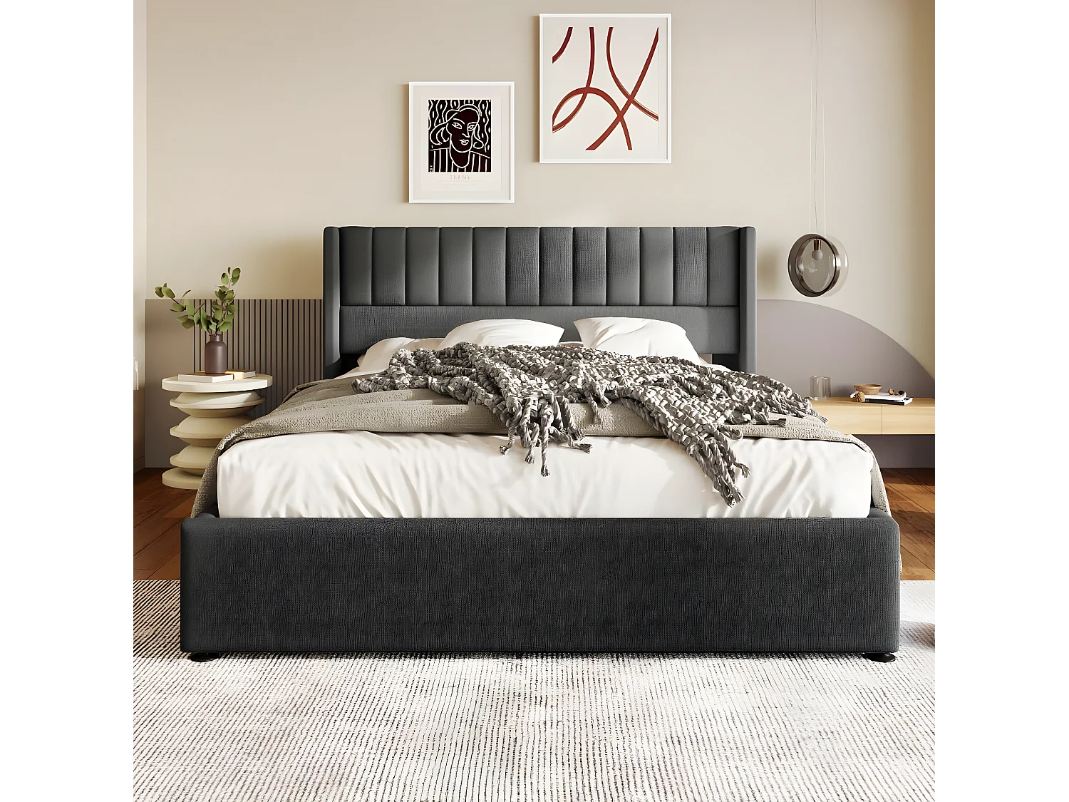 Cama acolchoada para adulto 180 x 754 cm, sem cabeceira, com faixa LED (monocromática), base com suspensão hidráulica, bege.