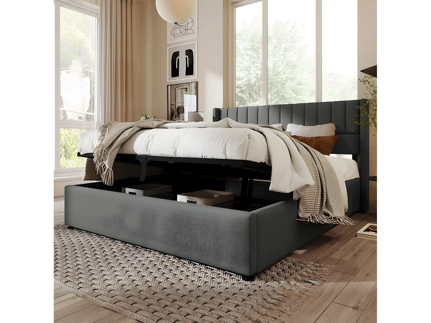 Cama acolchoada para adulto 180 x 754 cm, sem cabeceira, com faixa LED (monocromática), base com suspensão hidráulica, bege.