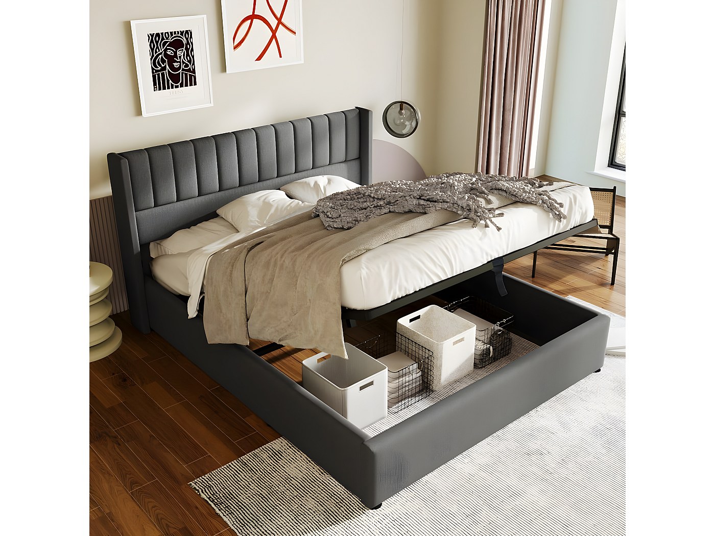 Lit Plateforme Avec Rangement Intégré Et Sommier à Lattes Bois - Cadre Moderne Stable 90x200cm Ou 140x200cm, Couleur Beige