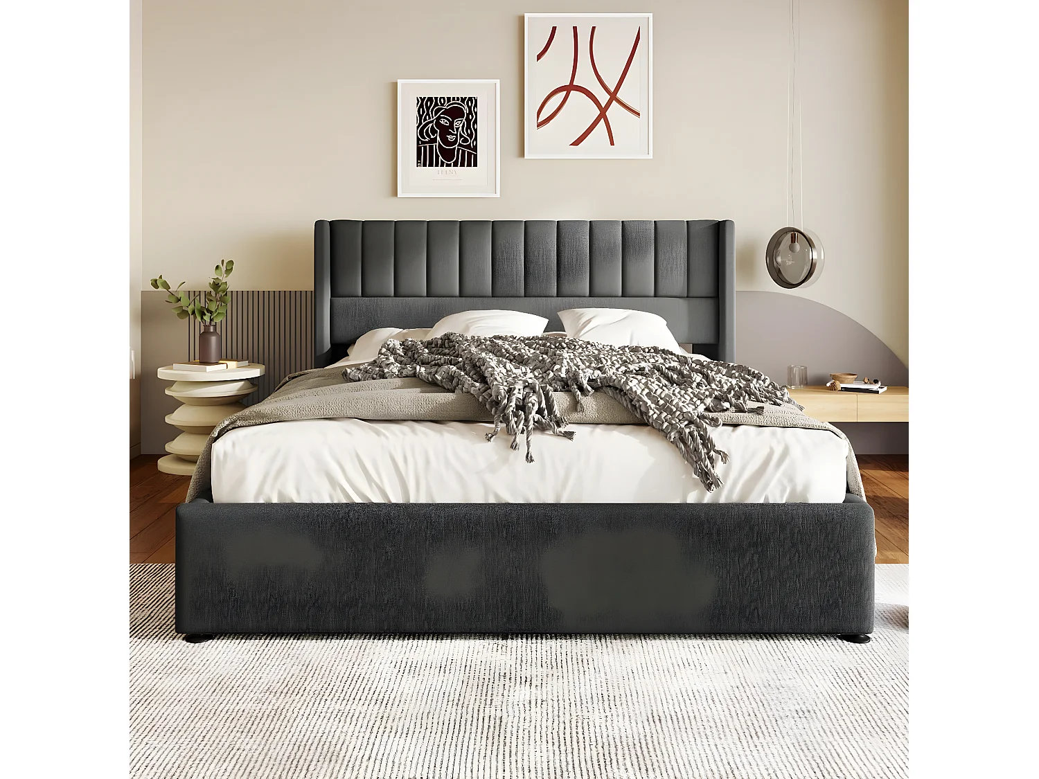 Cama acolchoada para adulto 180 x 994 cm, sem cabeceira, com faixa LED (monocromática), base com suspensão hidráulica, bege.