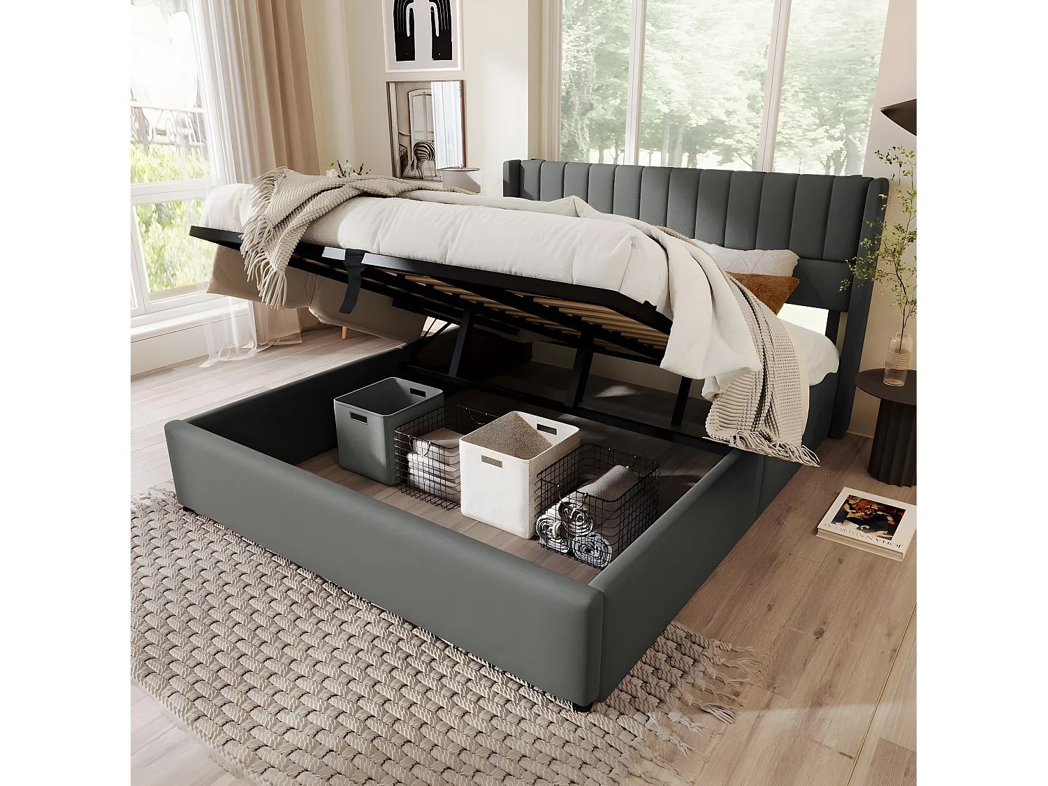 Cama acolchoada para adulto 180 x 994 cm, sem cabeceira, com faixa LED (monocromática), base com suspensão hidráulica, bege.