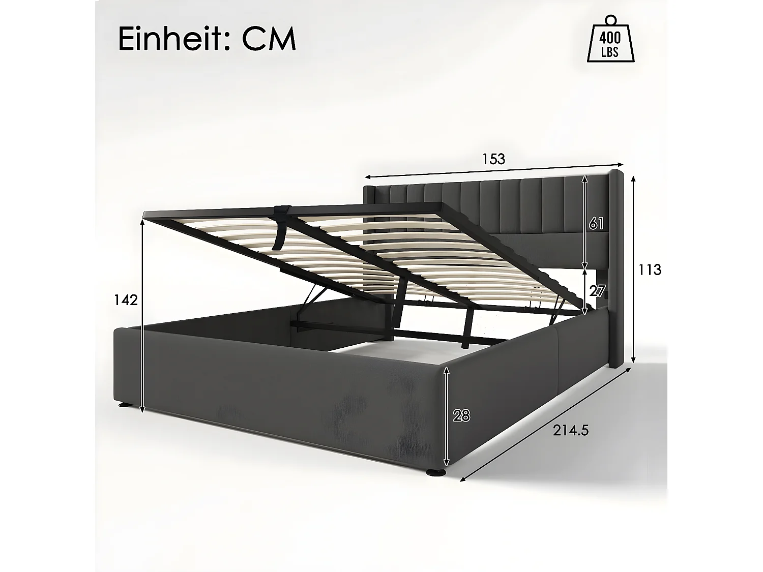 Cama acolchoada para adulto 180 x 994 cm, sem cabeceira, com faixa LED (monocromática), base com suspensão hidráulica, bege.