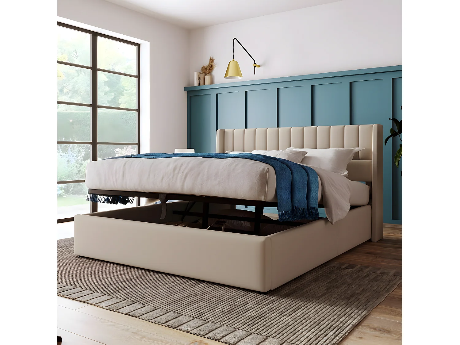 Cama acolchoada para adulto 180 x 995 cm, sem cabeceira, com faixa LED (monocromática), base com suspensão hidráulica, bege.