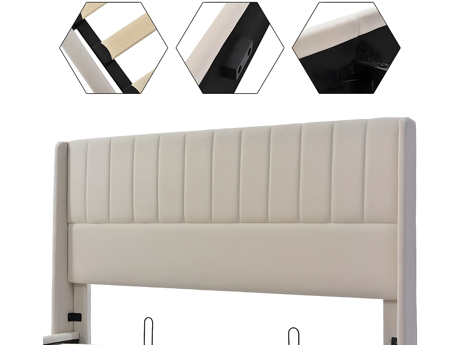 Cama acolchoada para adulto 180 x 995 cm, sem cabeceira, com faixa LED (monocromática), base com suspensão hidráulica, bege.