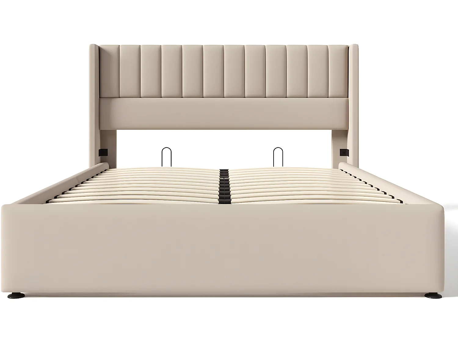 Cama acolchoada para adulto 180 x 995 cm, sem cabeceira, com faixa LED (monocromática), base com suspensão hidráulica, bege.