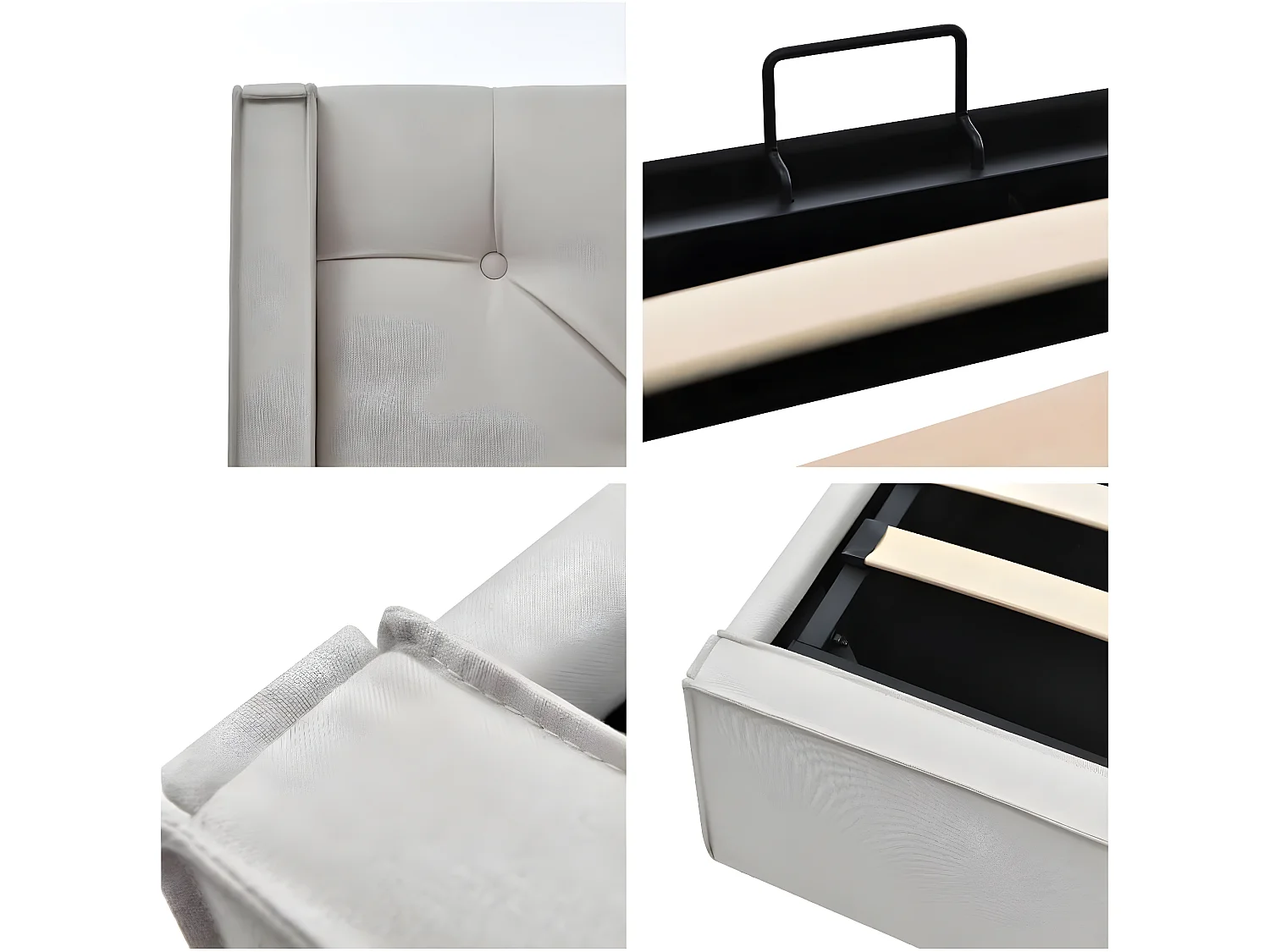 Cama acolchoada para adulto 180 x 673 cm, sem cabeceira, com faixa LED (monocromática), base com suspensão hidráulica, bege.