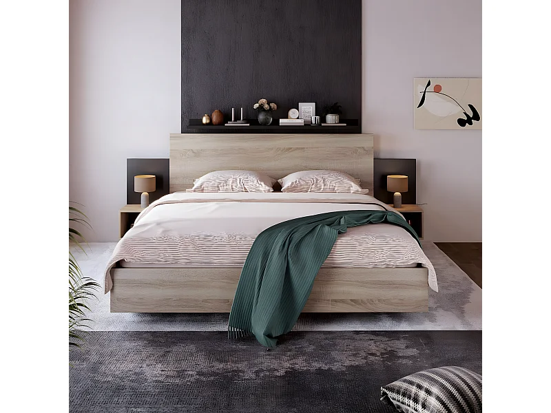 KOMHTOM Lit Double Lit en Bois 160 x 200 cm, Lit Moderne avec 2 Tables de Chevet Ensemble de Chambre à Coucher, Ensemble, Chêne Cadre de lit, Gris foncé