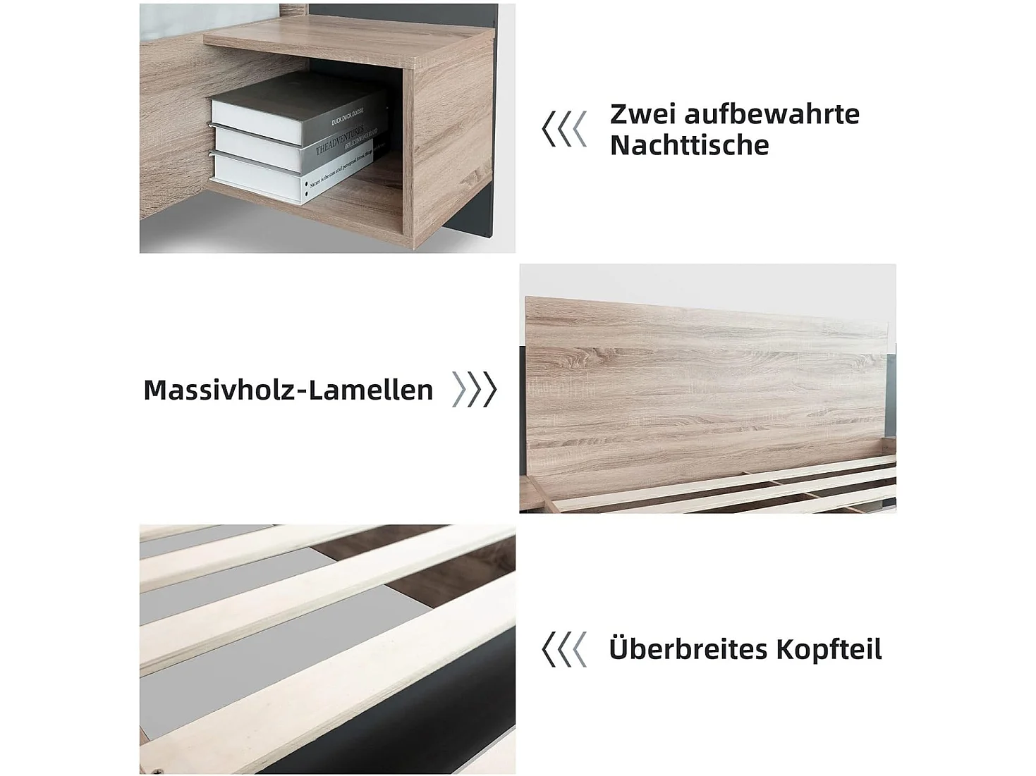 KOMHTOM Lit Double Lit en Bois 160 x 200 cm, Lit Moderne avec 2 Tables de Chevet Ensemble de Chambre à Coucher, Ensemble, Chêne Cadre de lit, Gris foncé