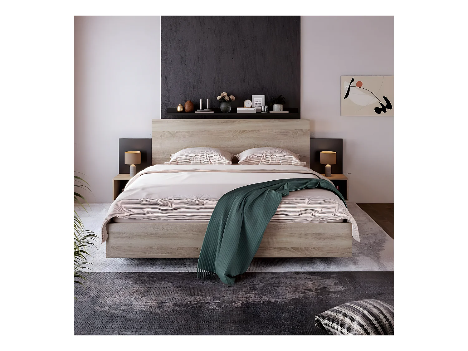 KOMHTOM Lit Double Lit en Bois 160 x 200 cm, Lit Moderne avec 2 Tables de Chevet Ensemble de Chambre à Coucher, Ensemble, Chêne Cadre de lit, Gris foncé