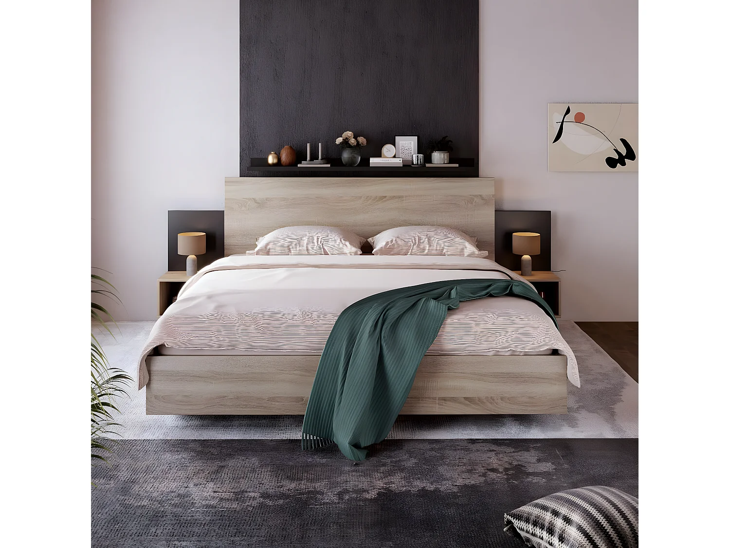 KOMHTOM Lit Double Lit en Bois 160 x 200 cm, Lit Moderne avec 2 Tables de Chevet Ensemble de Chambre à Coucher, Ensemble, Chêne Cadre de lit, Gris foncé