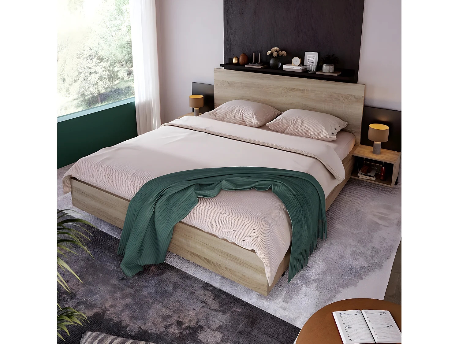 KOMHTOM Lit Double Lit en Bois 160 x 200 cm, Lit Moderne avec 2 Tables de Chevet Ensemble de Chambre à Coucher, Ensemble, Chêne Cadre de lit, Gris foncé