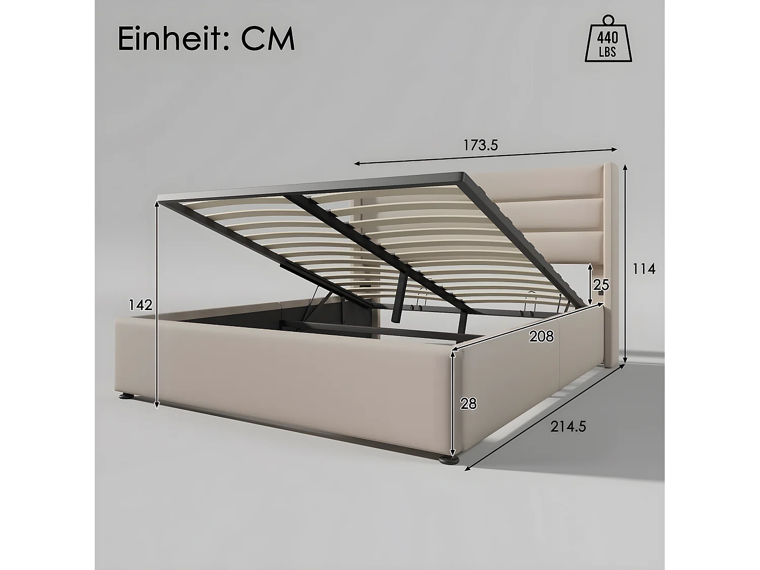 Cama acolchoada para adulto 180 x 1258 cm, sem cabeceira, com faixa LED (monocromática), base com suspensão hidráulica, bege.