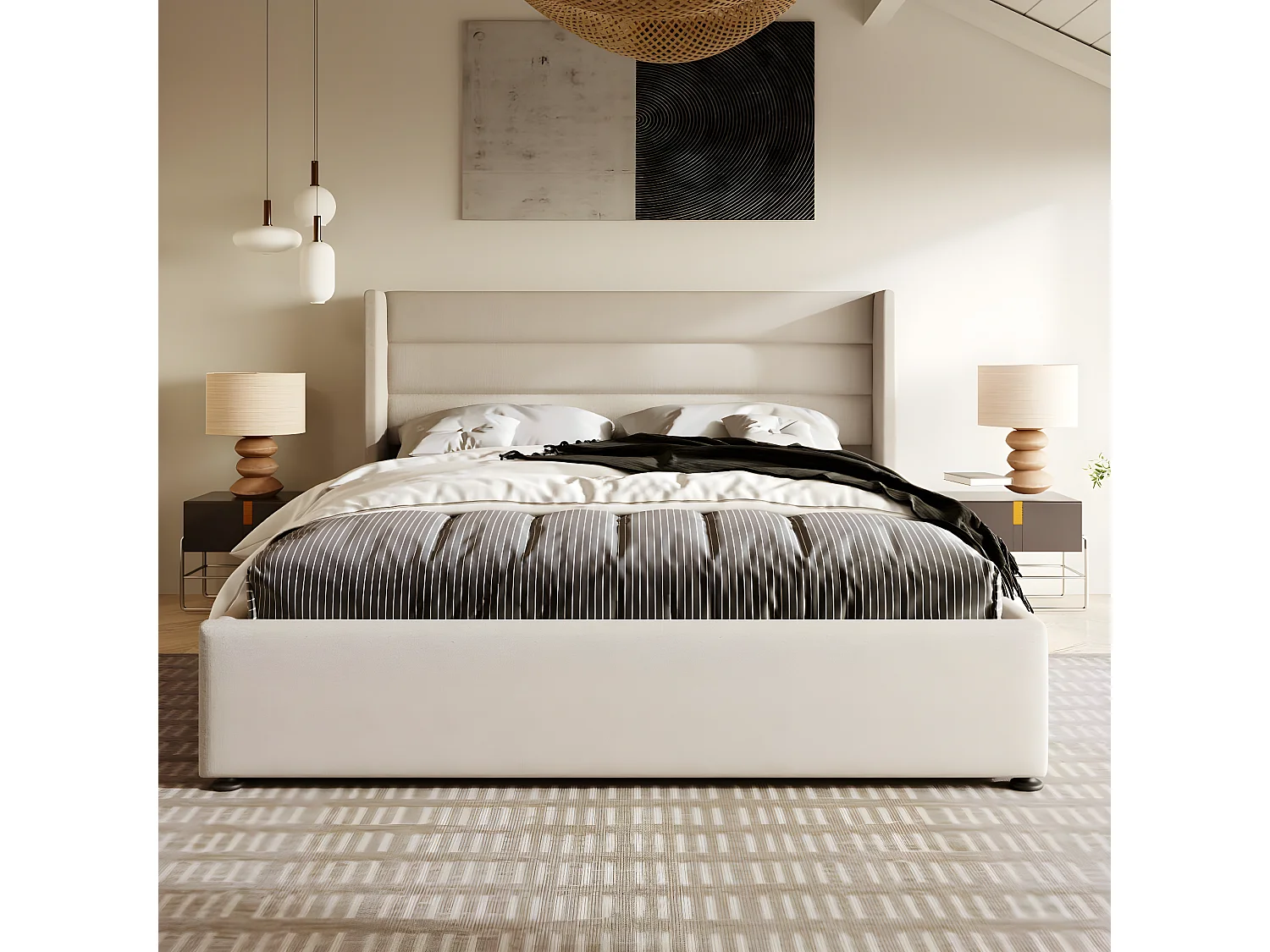 Cama acolchoada para adulto 180 x 1258 cm, sem cabeceira, com faixa LED (monocromática), base com suspensão hidráulica, bege.