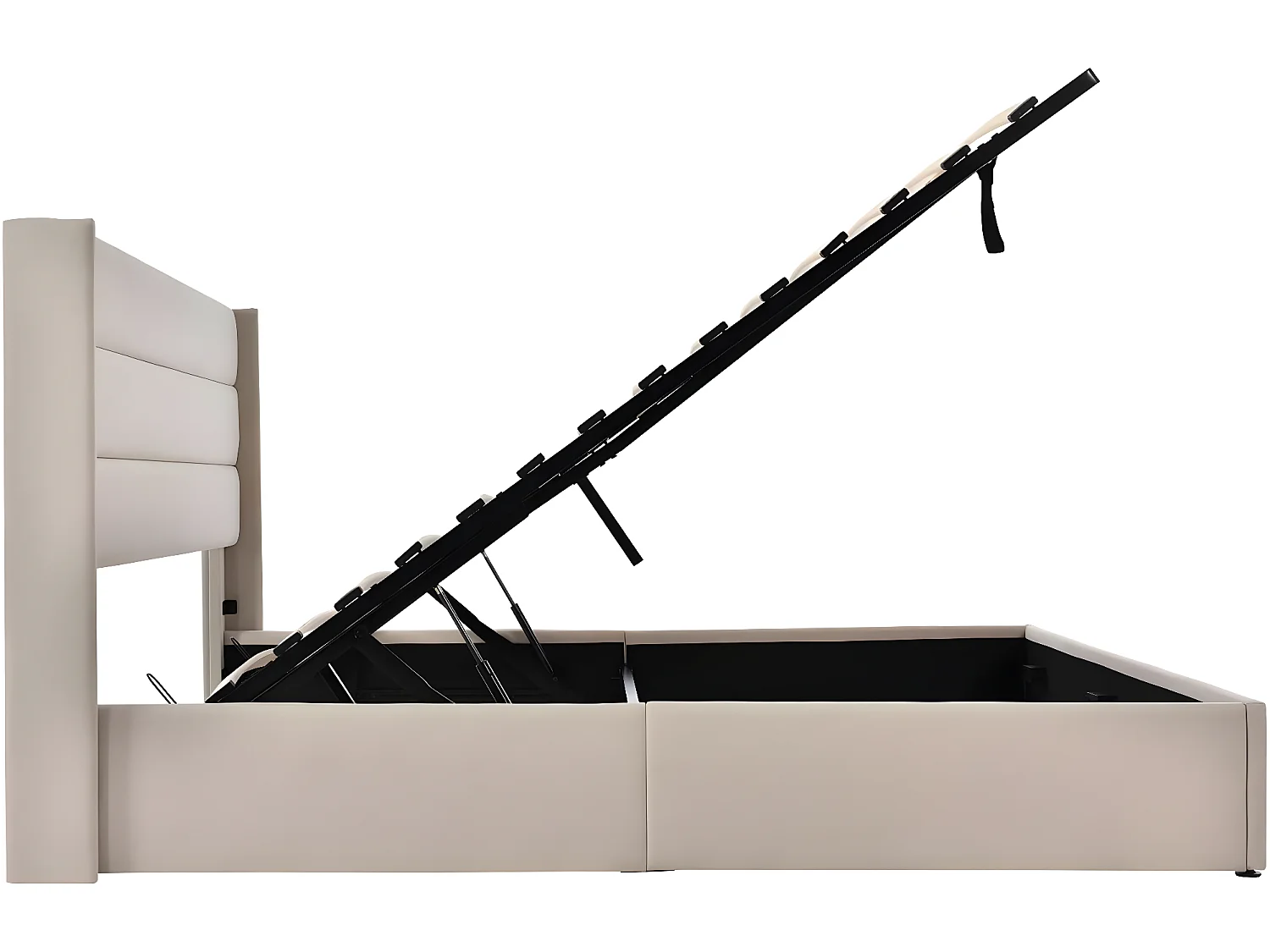 Cama acolchoada para adulto 180 x 1258 cm, sem cabeceira, com faixa LED (monocromática), base com suspensão hidráulica, bege.