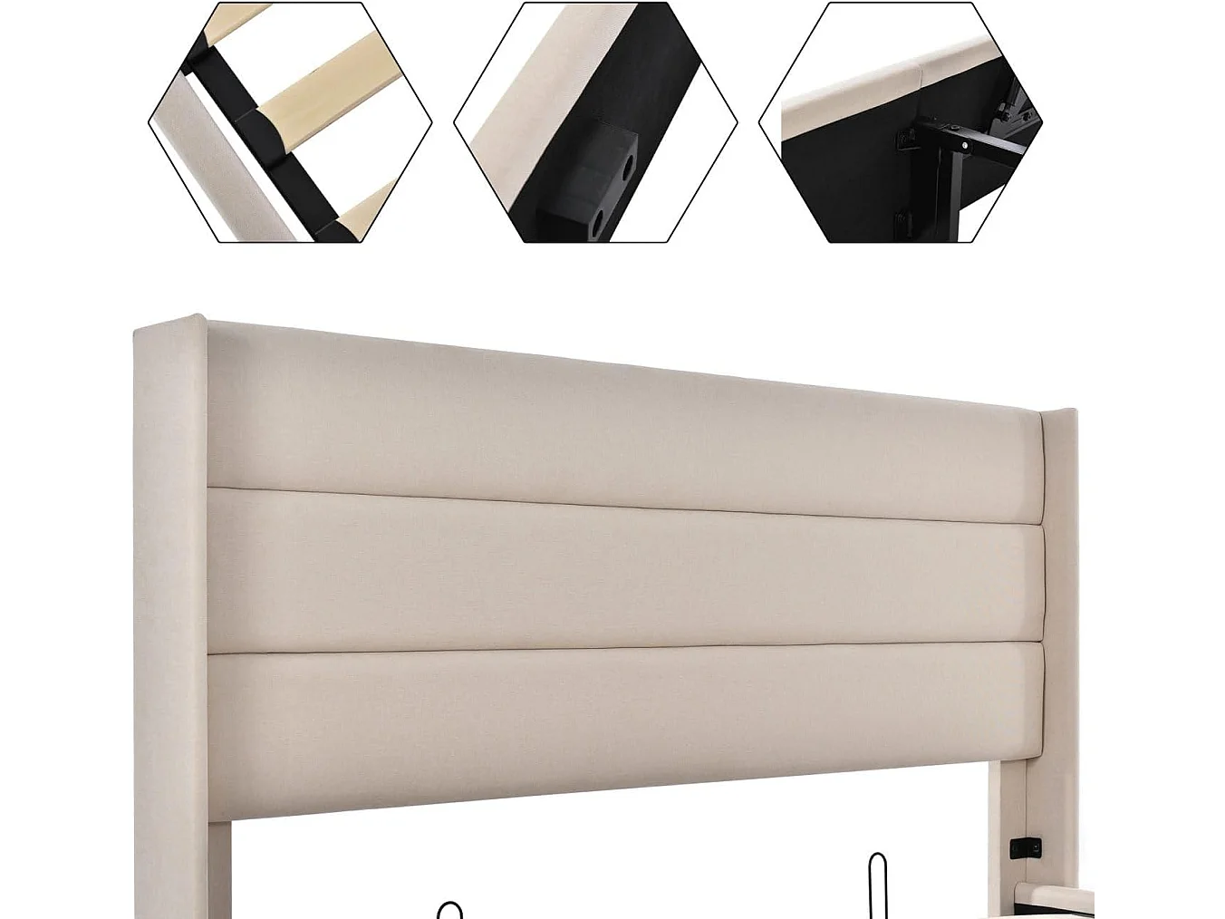 Cama acolchoada para adulto 180 x 1258 cm, sem cabeceira, com faixa LED (monocromática), base com suspensão hidráulica, bege.